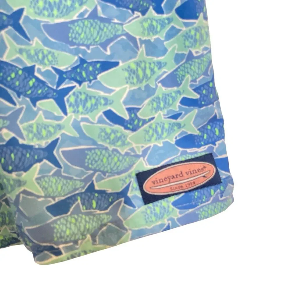 VINEYARD VINES Blue Shark Print Boys Size Medium Swim Swimming Shorts Trunks